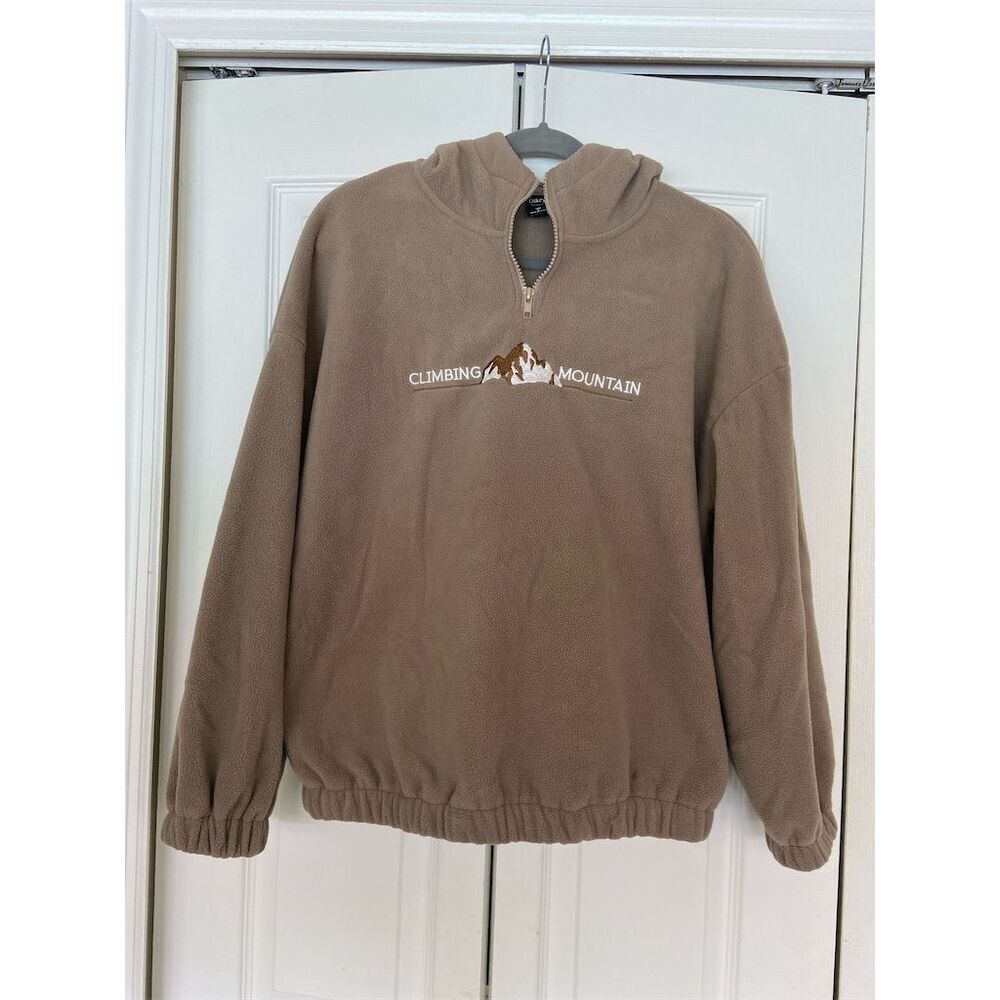 Dazy Women's Brown Embroidered Half Zip Fleece Hoodie Jacket Size M